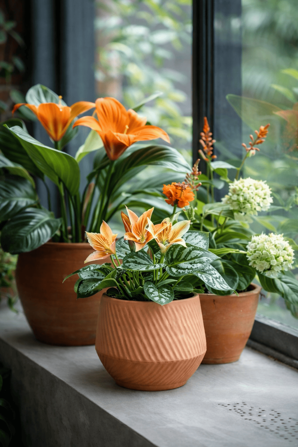 Terracotta planters with flowers arranged on a house window sill filled with natural daylight