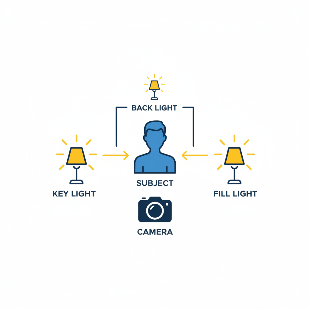 Sơ đồ 3-point lighting setup phòng livestream