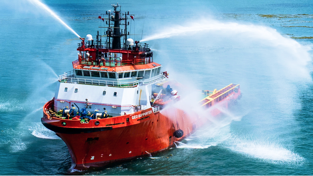 Offshore support vessel operating firefighting systems