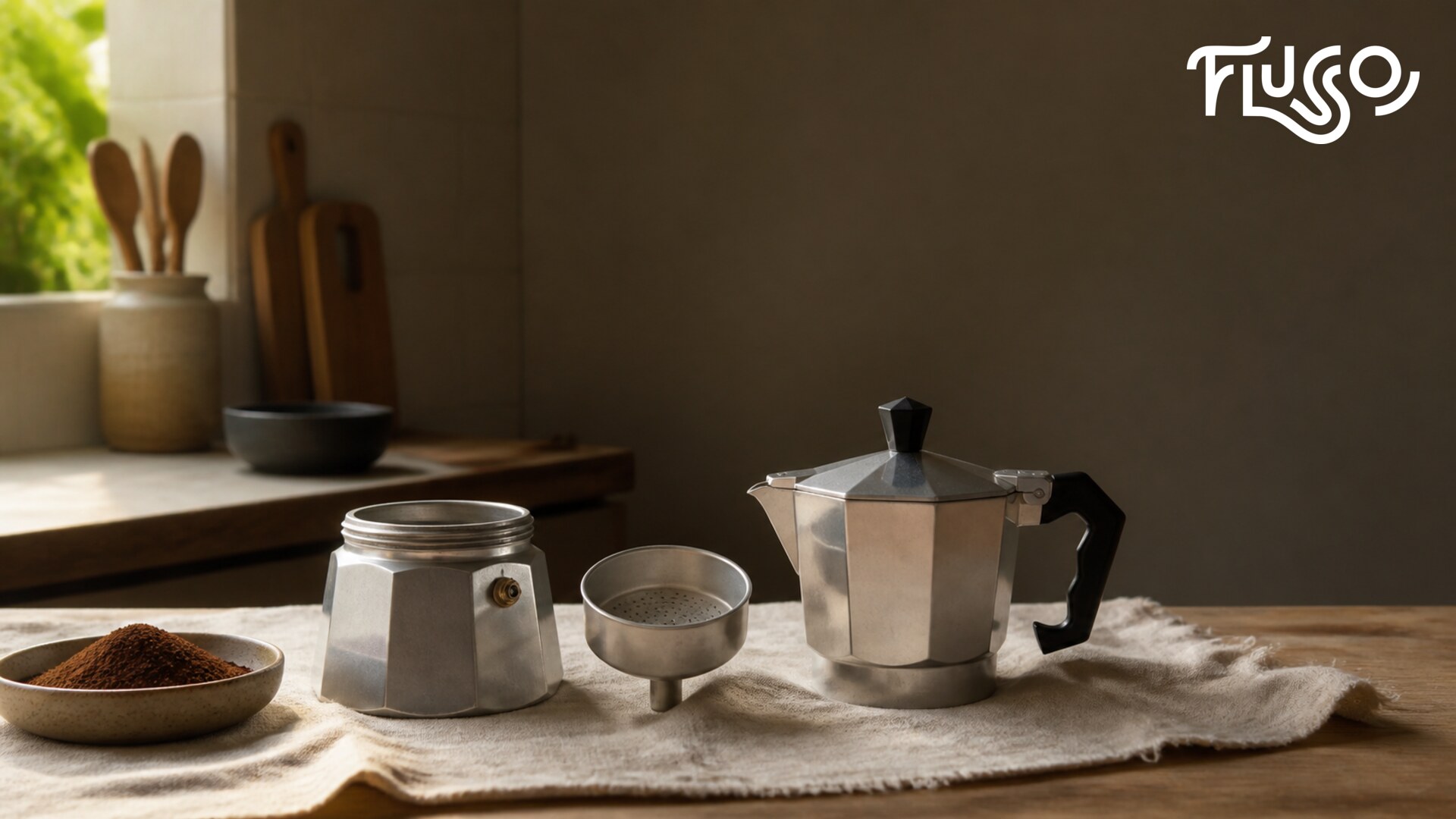 Ba phần của moka pot gồm khoang nước, phễu cà phê và khoang trên