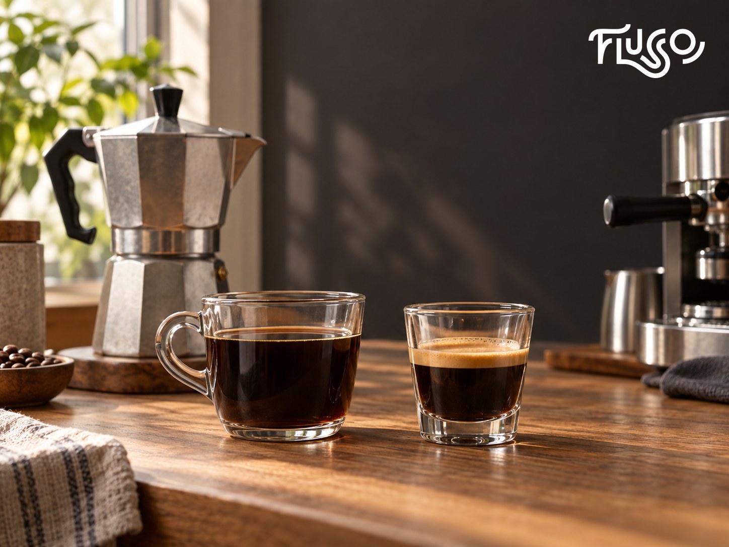 Ly moka pot và ly espresso đặt cạnh nhau để so sánh bề mặt và lượng cà phê