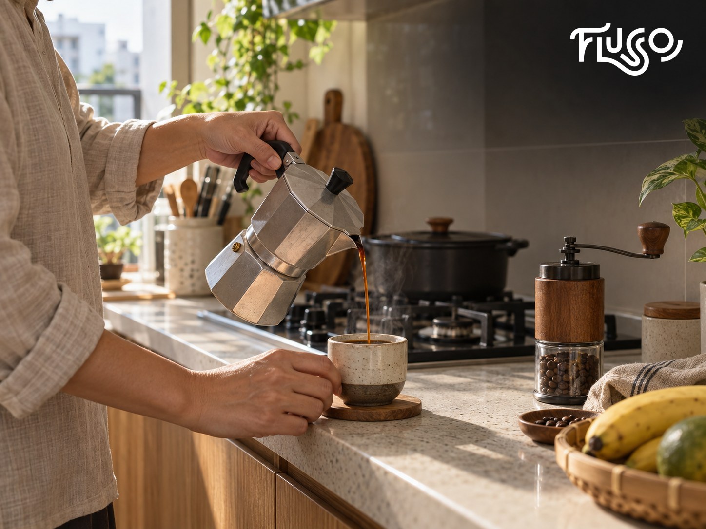 Người pha rót cà phê từ moka pot vào ly tại góc bếp gia đình