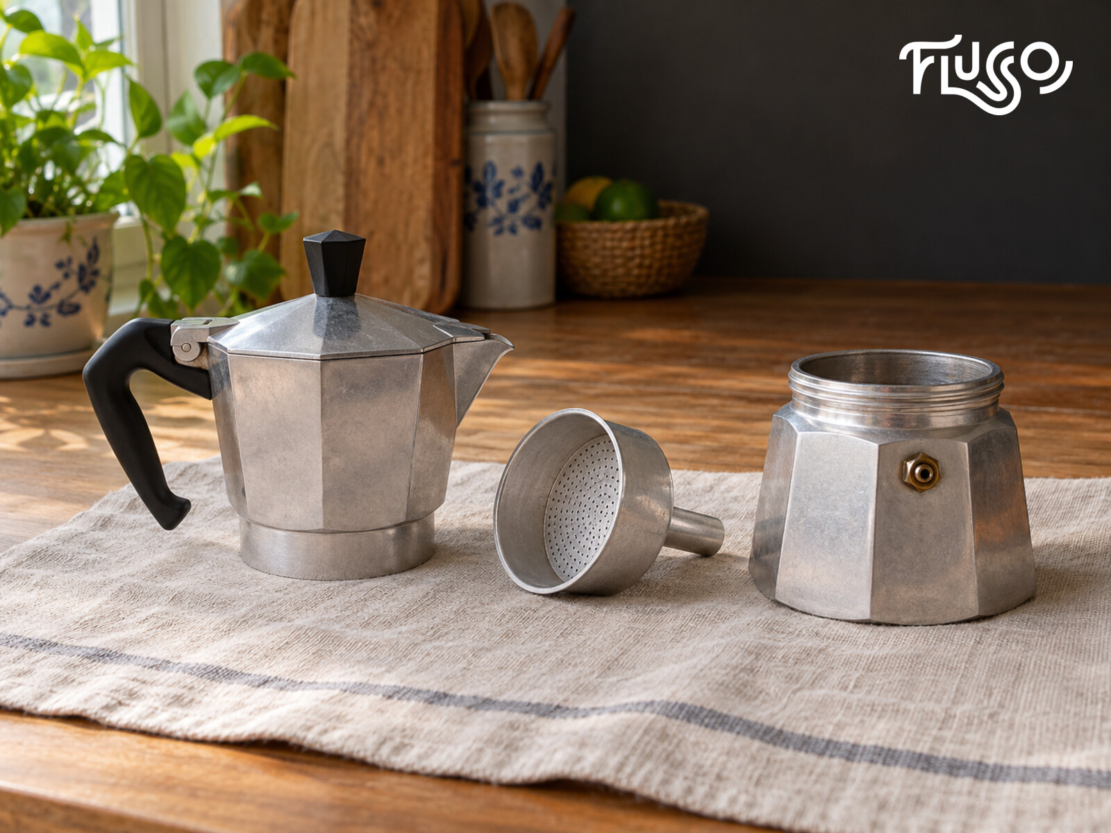 Các bộ phận moka pot nhôm để khô rời trên khăn sạch trước khi cất