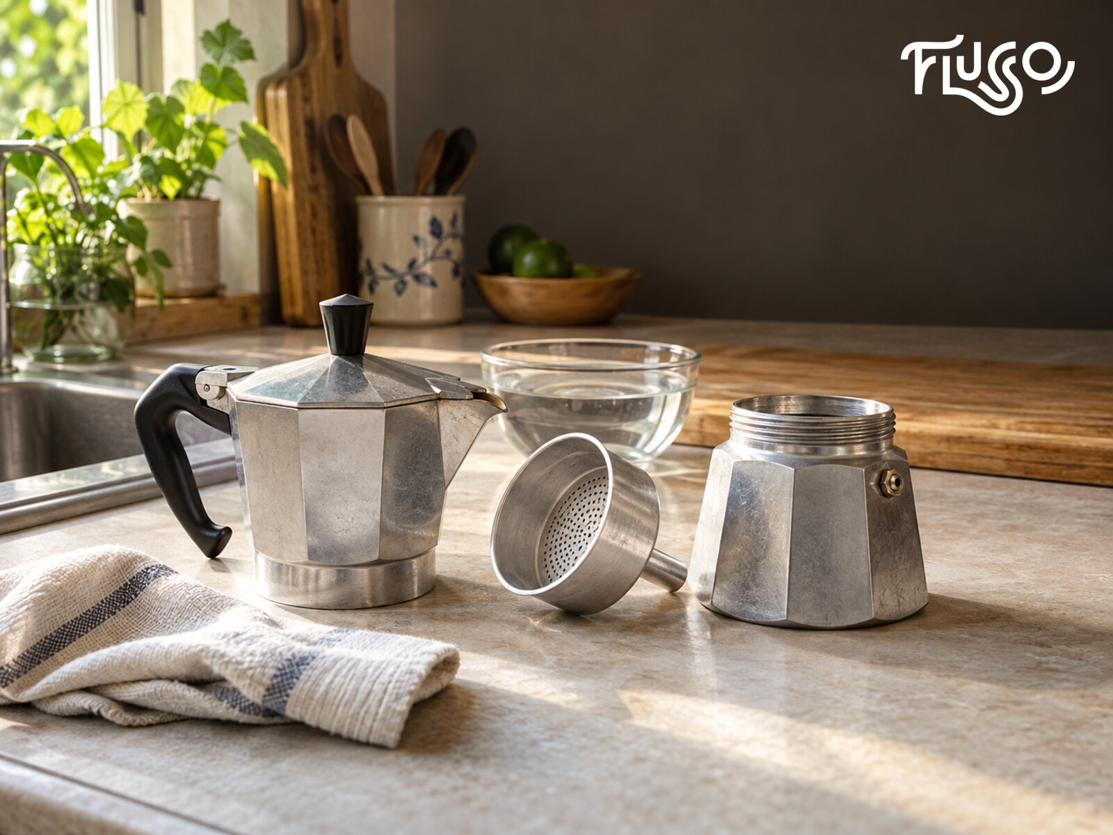 Moka pot nhôm tháo rời cạnh khăn mềm và nước ấm để rửa tay