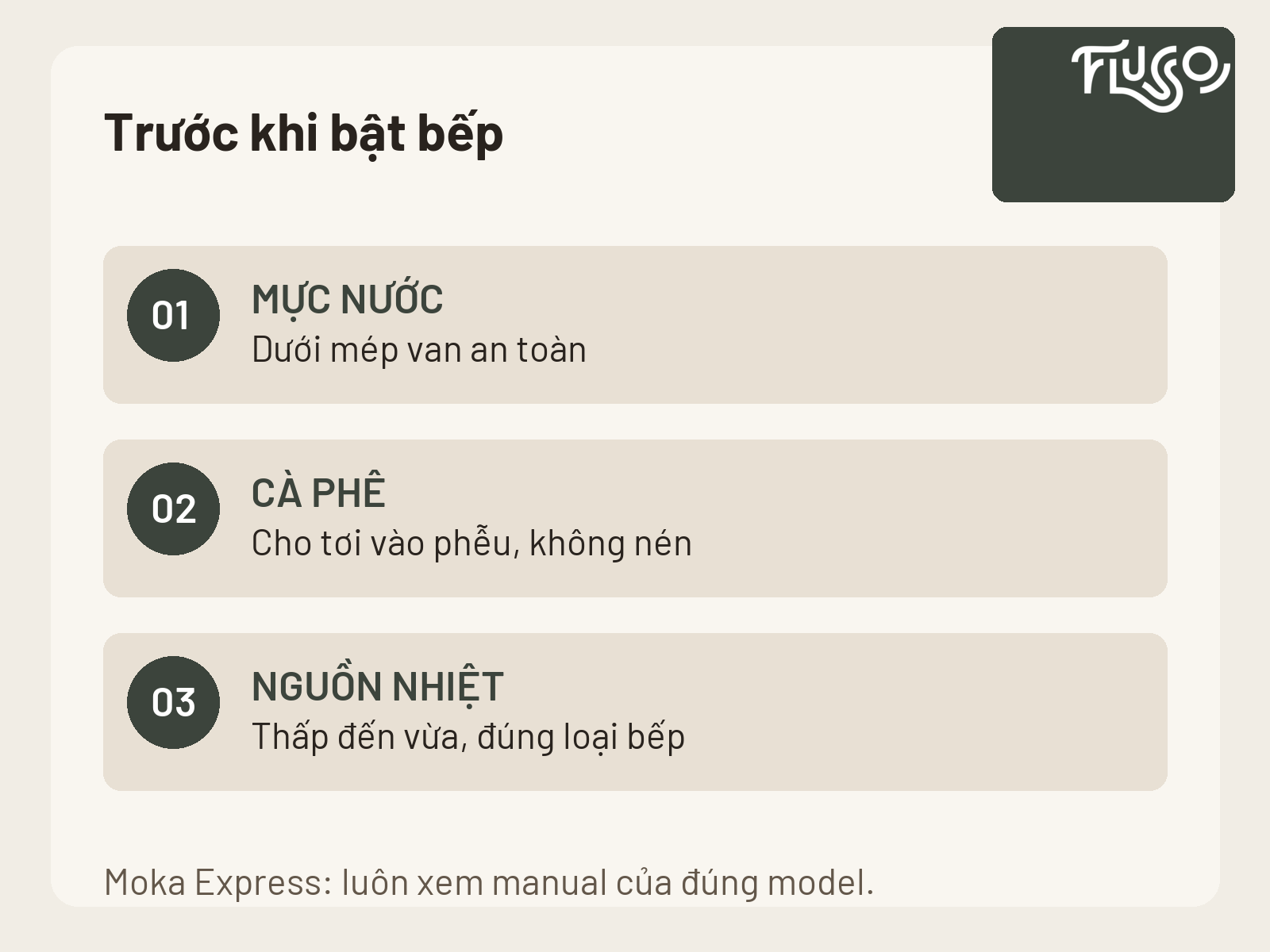Ba điểm kiểm tra trước khi pha Moka Express: mực nước dưới van, cà phê tơi và nguồn nhiệt phù hợp