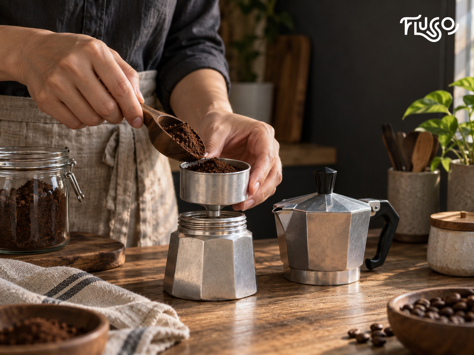 Minh họa cho cà phê xay tơi vào phễu moka pot trước khi lắp bình