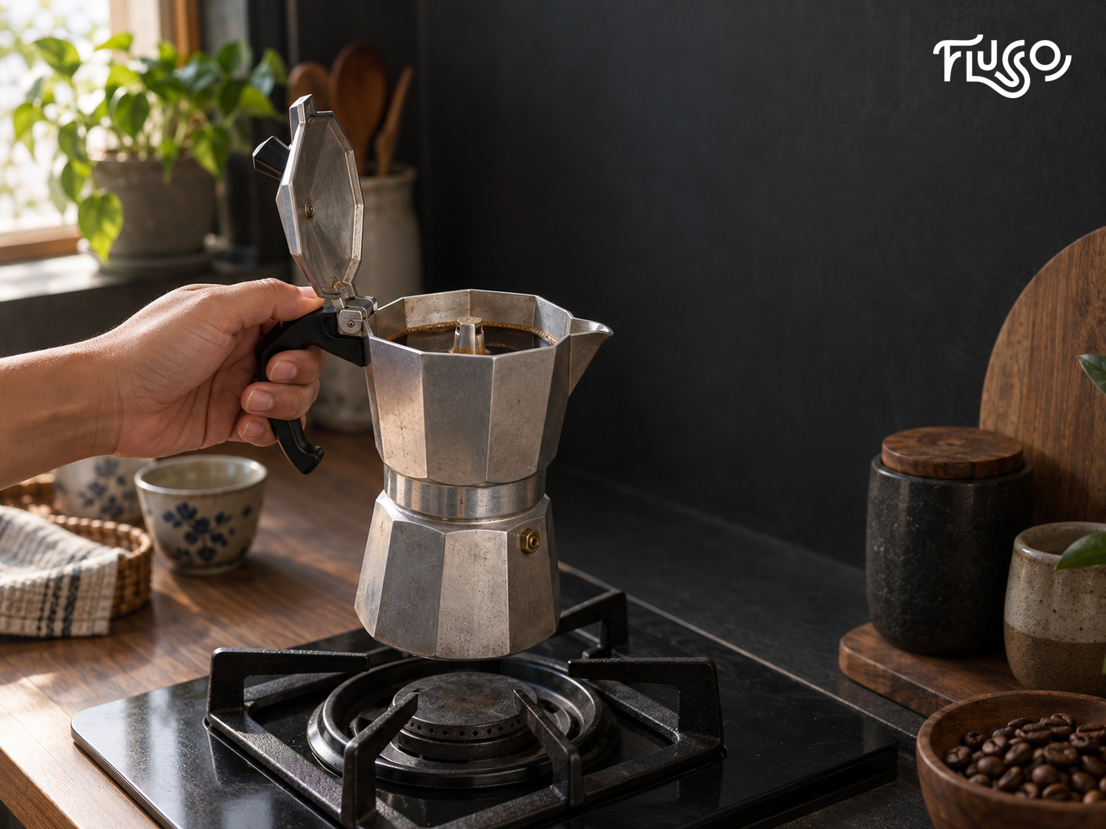 Minh họa nhấc moka pot khỏi bếp khi khoang trên đã đầy cà phê