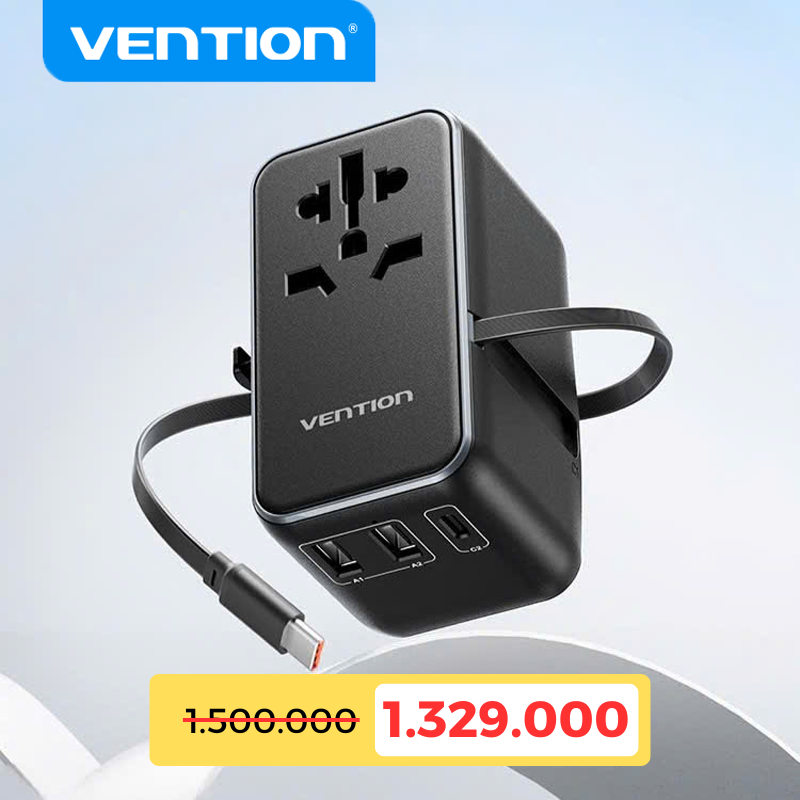 Củ Sạc Du Lịch Đa Năng Tích hợp cáp sạc dây rút VENTION FJI 65W Travel Universal Charger