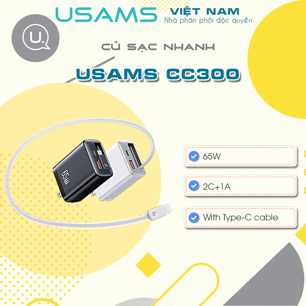 Củ Sạc Nhanh 2C+1A GaN USAMS CC300 65W (With Type-C Rectangle Built-in cable)