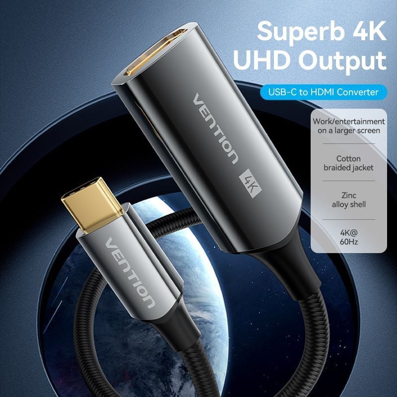 Cáp Chuyển Type-C to HDMI2.0 Female VENTION CREBC 4K@60Hz (4K@60Hz / 2K@120Hz, Cotton Braided, 0.25M)