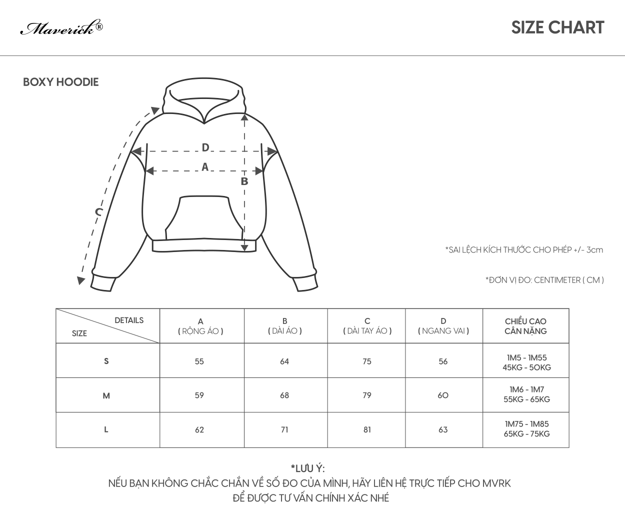 Maverick Initial Boxy Hoodies Grey - Size Guide