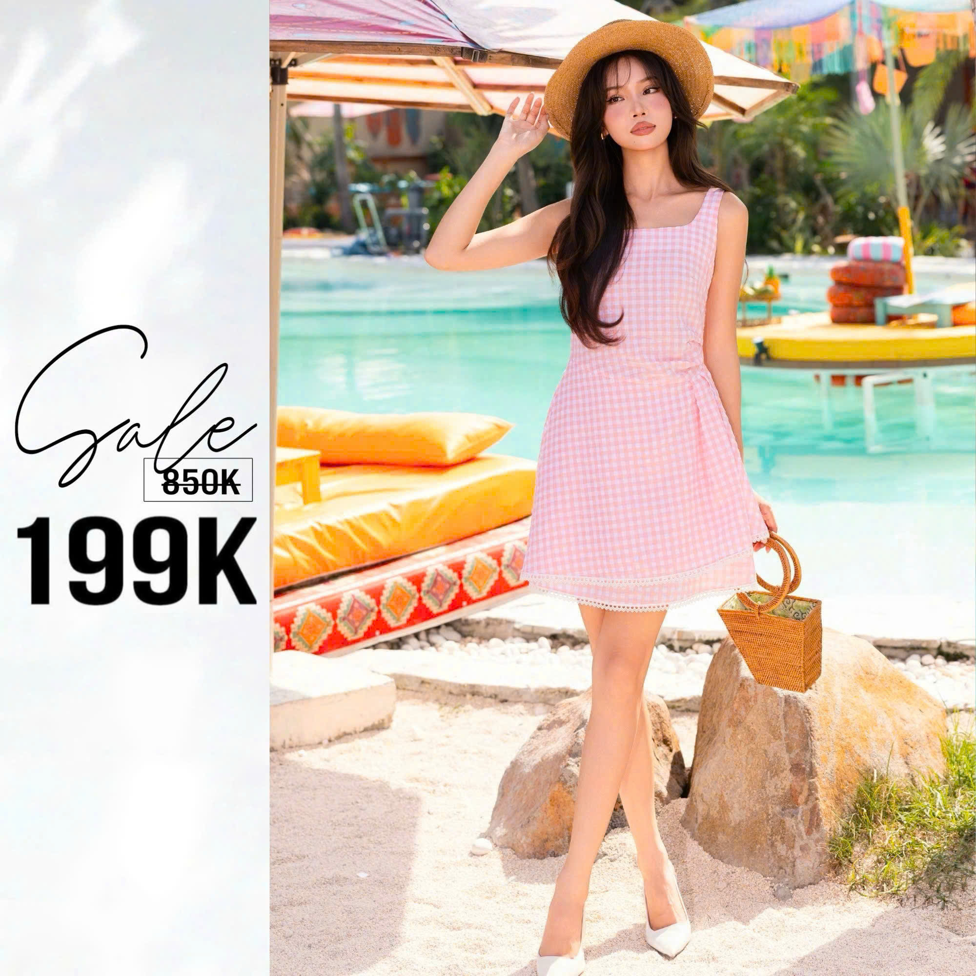 Mua Đầm caro hồng cổ vuông phối voan với giá 199K