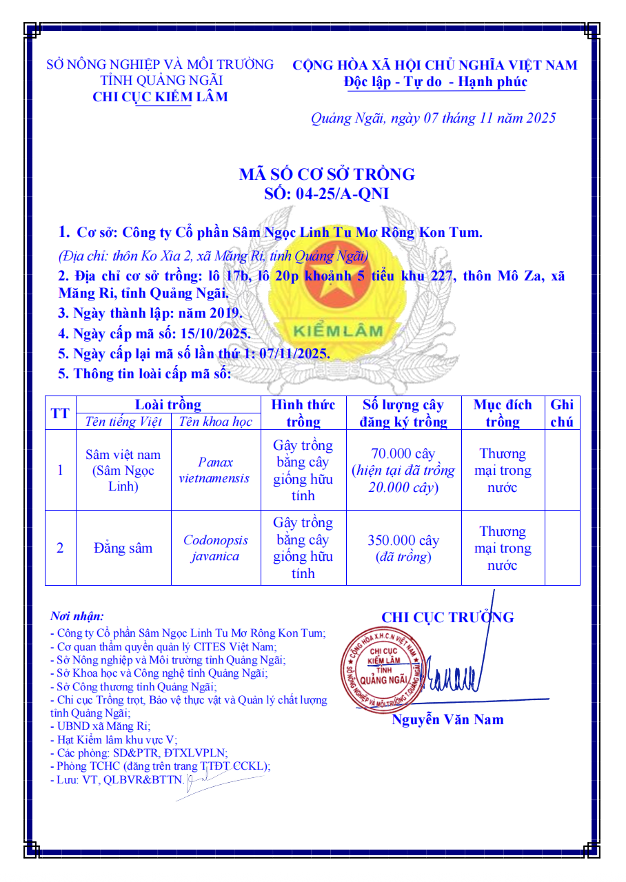 MÃ CƠ SỞ VÙNG TRỒNG SỐ 04-25/A-QNI
