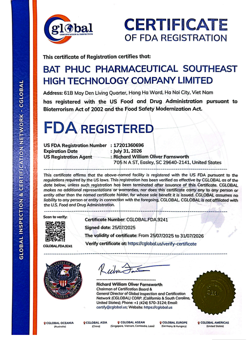 CHỨNG NHẬN FDA 