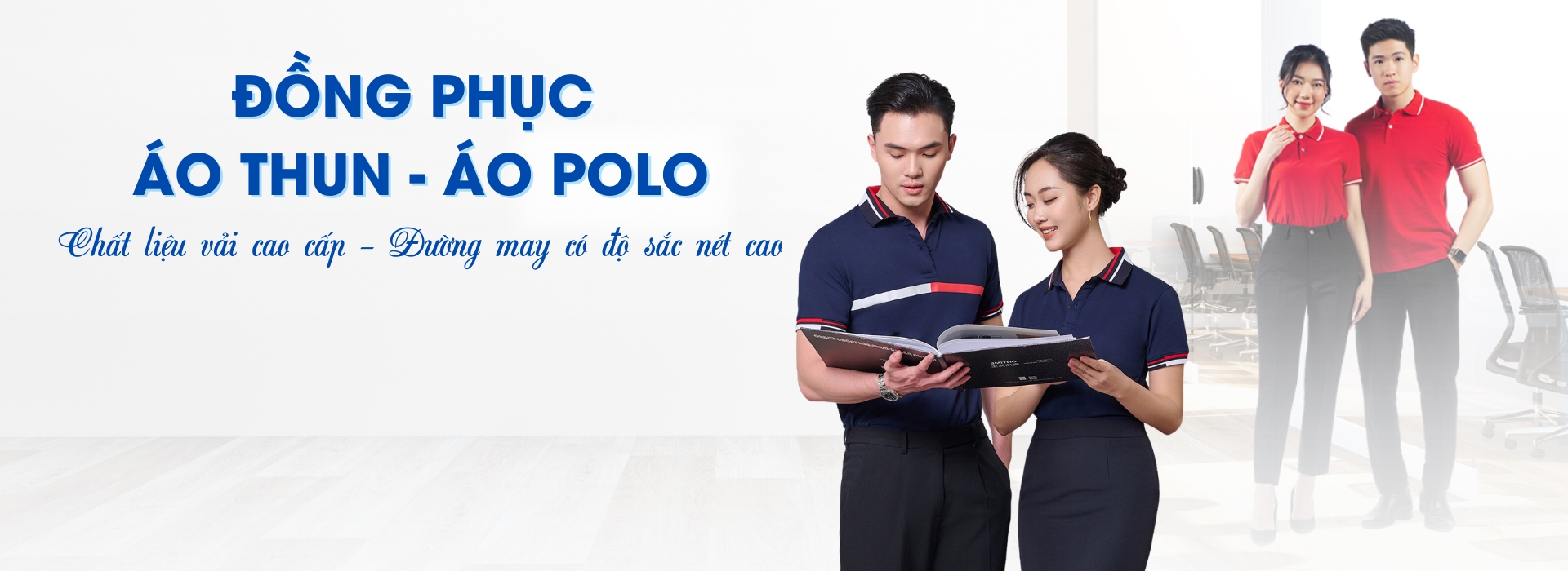 banner nam nữ mặc áo thun đồng phục