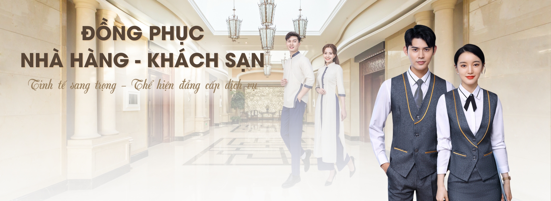 banner nam nữ mặc áo ghi lê đồng phục