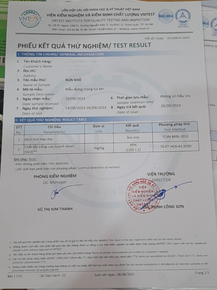 Xét nghiệm không hàn the, chất sấy tẩm độc hại