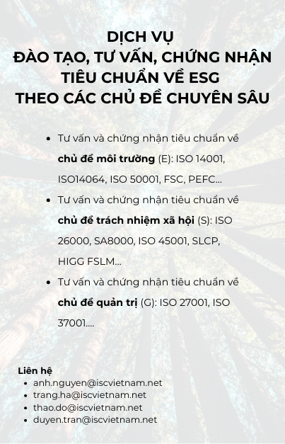 Dịch vụ đào tạo, tư vấn và chứng nhận tiêu chuẩn quốc tế về ESG theo các chủ đề chuyên sâu về ESG