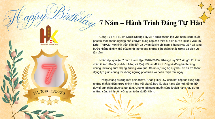 Thiệp mừng kỷ niệm 7 năm thành lập Công ty TNHH Điện Nước Khang Huy 357, ra mắt website khohangdiennuoc.com, chính thức thông báo với Bộ Công Thương. Giao diện vector trang trọng, logo Khang Huy nổi bật giữa thiệp, nền xanh trắng hiện đại.