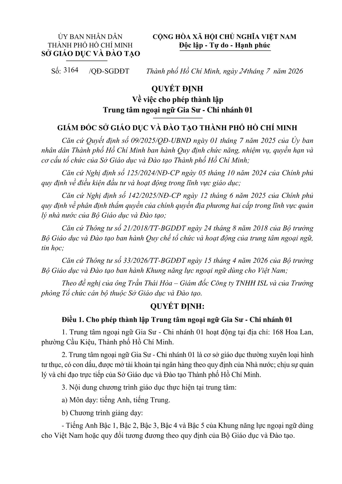 Quyết định số 3164/QĐ-SGDĐT ngày 24/07/2026 cho phép thành lập Trung tâm ngoại ngữ Gia Sư - Chi nhánh 01 tại 168 Hoa Lan – trang 1