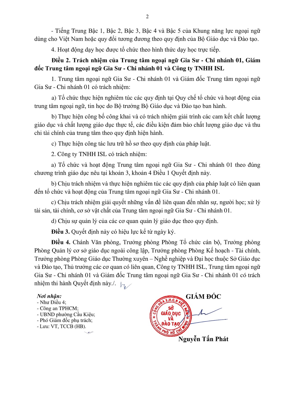 Quyết định số 3164/QĐ-SGDĐT ngày 24/07/2026 cho phép thành lập Trung tâm ngoại ngữ Gia Sư - Chi nhánh 01 – trang 2, có chữ ký và con dấu