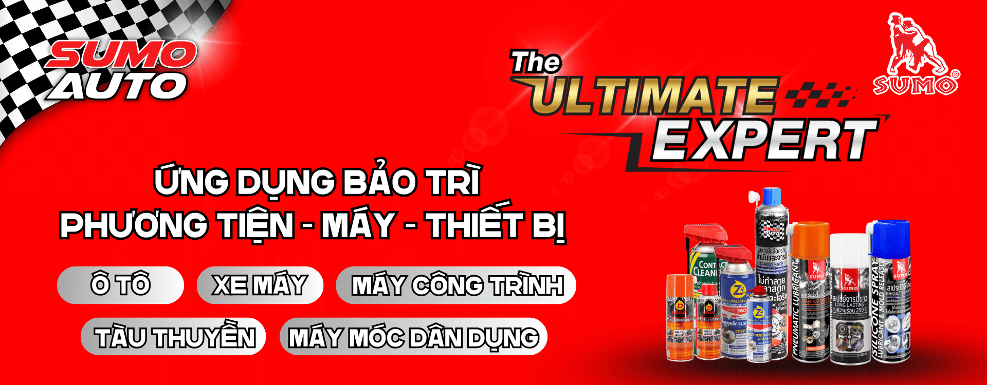 Ứng dụng phương tiện giao thông, bao gồm:  Xe máy  Máy công trình  Ngoài ra, các sản phẩm SUMO trong ảnh như dầu xịt bôi trơn, tẩy rửa, chống rỉ sét... còn thường được ứng dụng rộng rãi trong các lĩnh vực như:  Bảo dưỡng xe ô tô, xe tải  Ngành công nghiệp cơ khí  Dây chuyền sản xuất và bảo trì thiết bị công nghiệp  Thiết bị điện – điện tử  Máy móc nông nghiệp, công trình, xây dựng